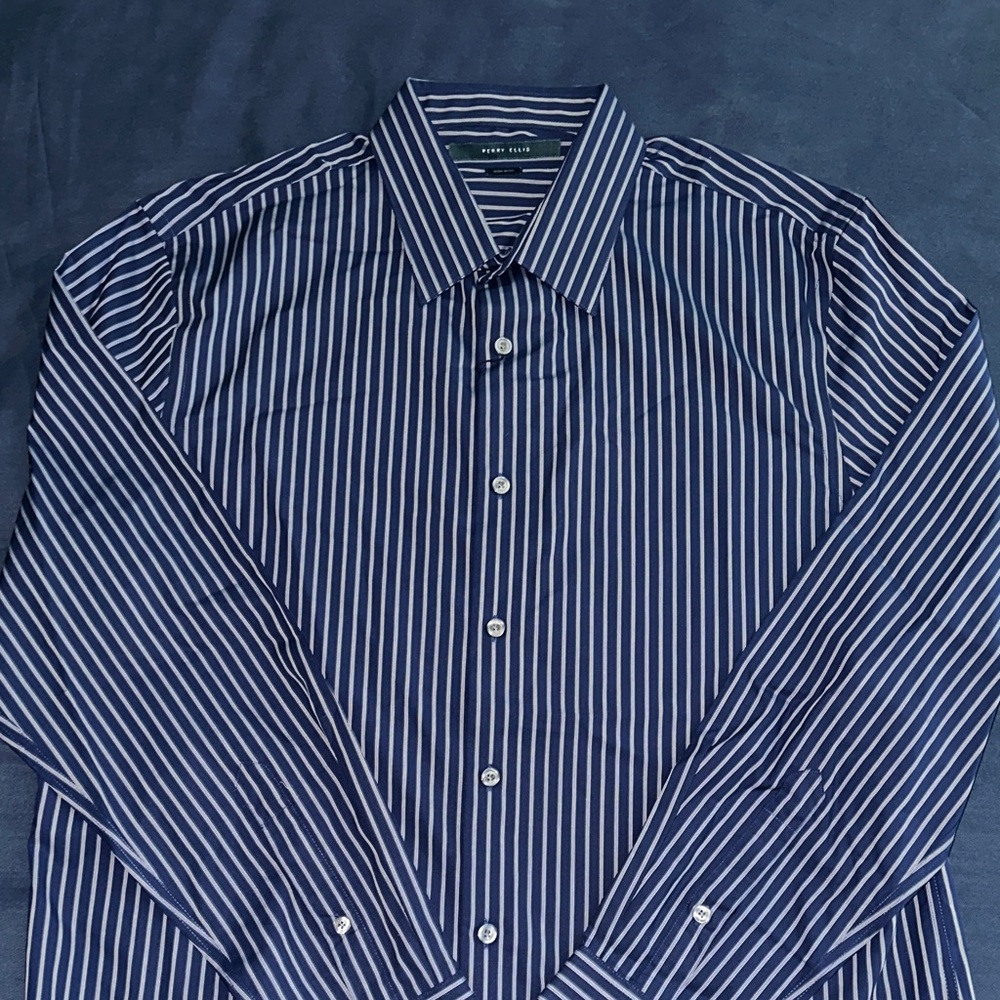 Perry Ellis Navy and White Vertical Stripe Dress Shirt